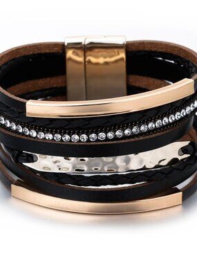NWT Black Faux Leather Multi-Strand Bracelet with Crystal Accents